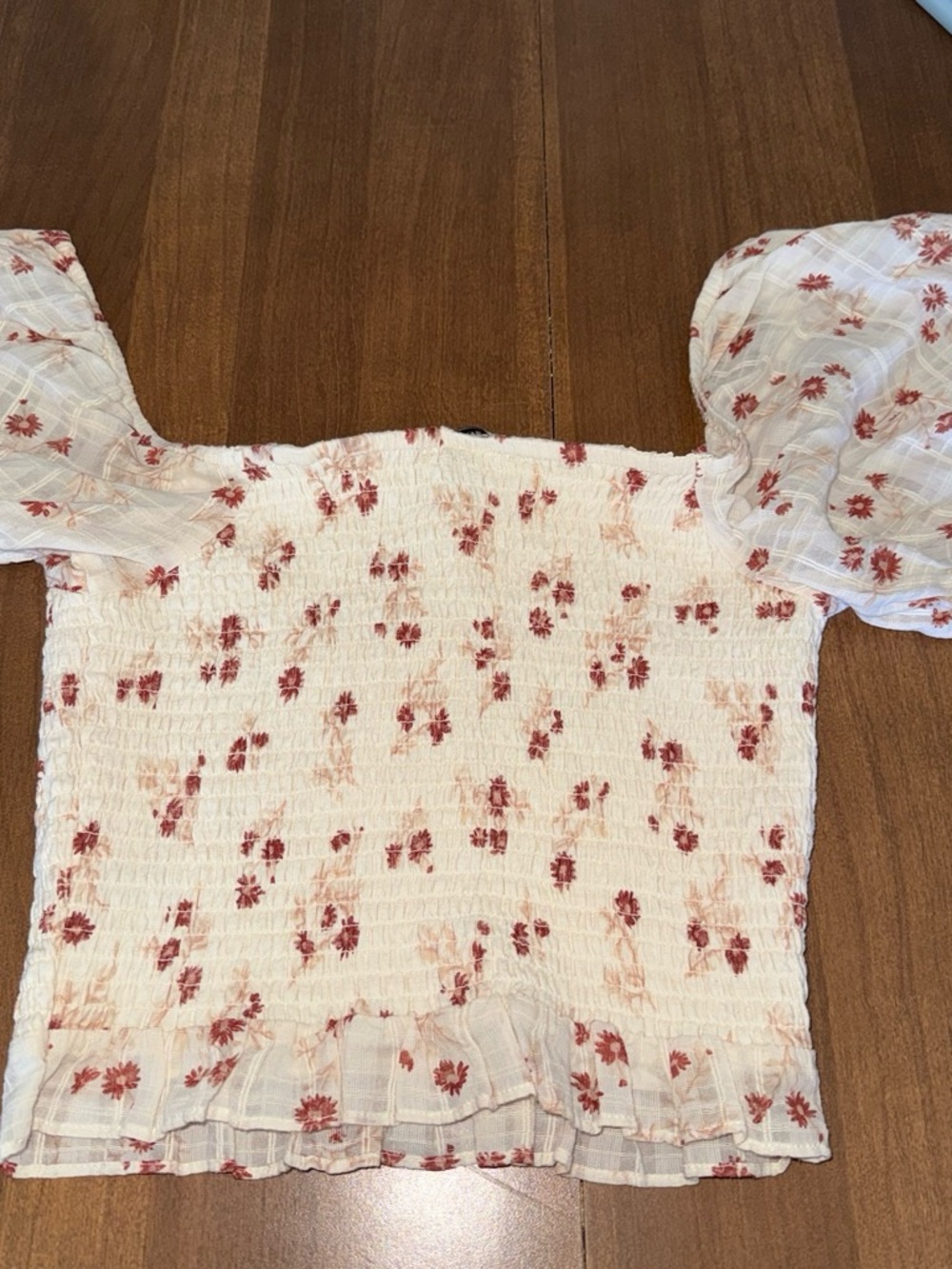 American Eagle Outfitters Cream Smocked Top with Pink Floral Print